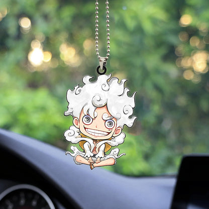 A small, chibi-style hanging ornament of Monkey D. Luffy from the anime One Piece, depicted in his white-haired Gear 5 (Sun God Nika) form with a large smile and cloud accents. The figure is hanging by a silver ball chain, often used as a car rearview mirror accessory or general anime collectible