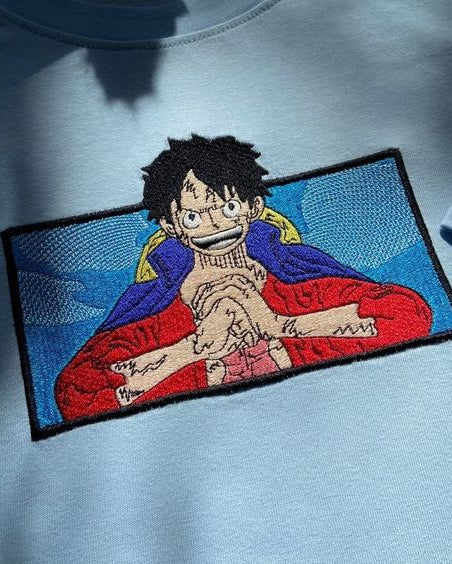 Monkey D Luffy Straw Hat Pirate anime embroidered vintage t-shirt in light blue