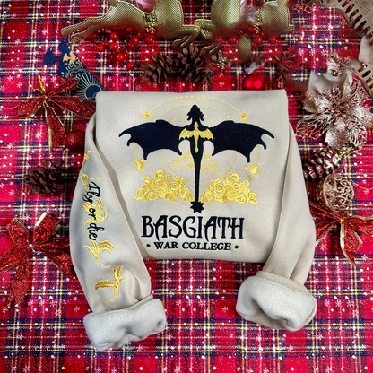 Premium embroidered Basgiath War College sweatshirt, soft and stylish bookish apparel for Fourth Wing fans.