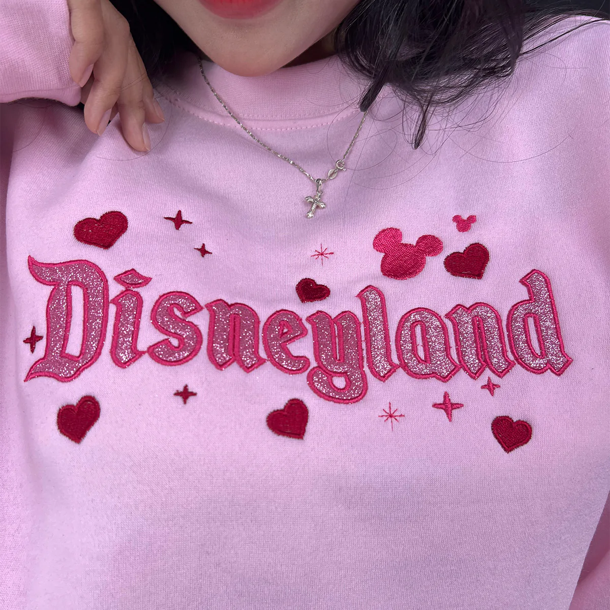 Glitter embroidered pink crewneck unisex fit