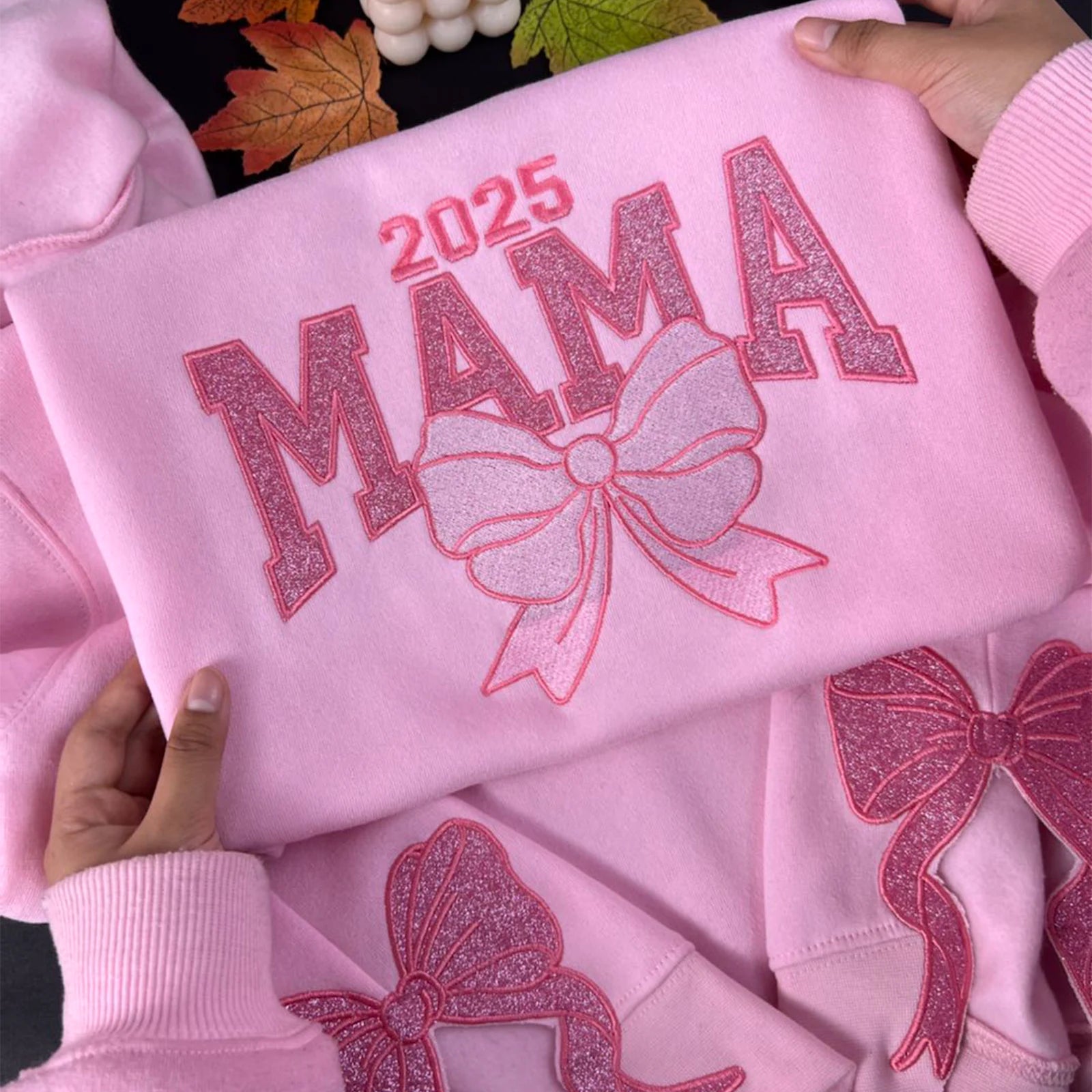 Front view of the Mama Bow Embroidered Gemma Crewneck Sweatshirt