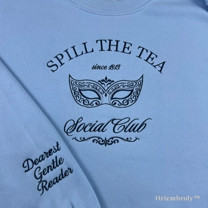 masquerade mask embroidery detail on regency crewneck sweatshirt