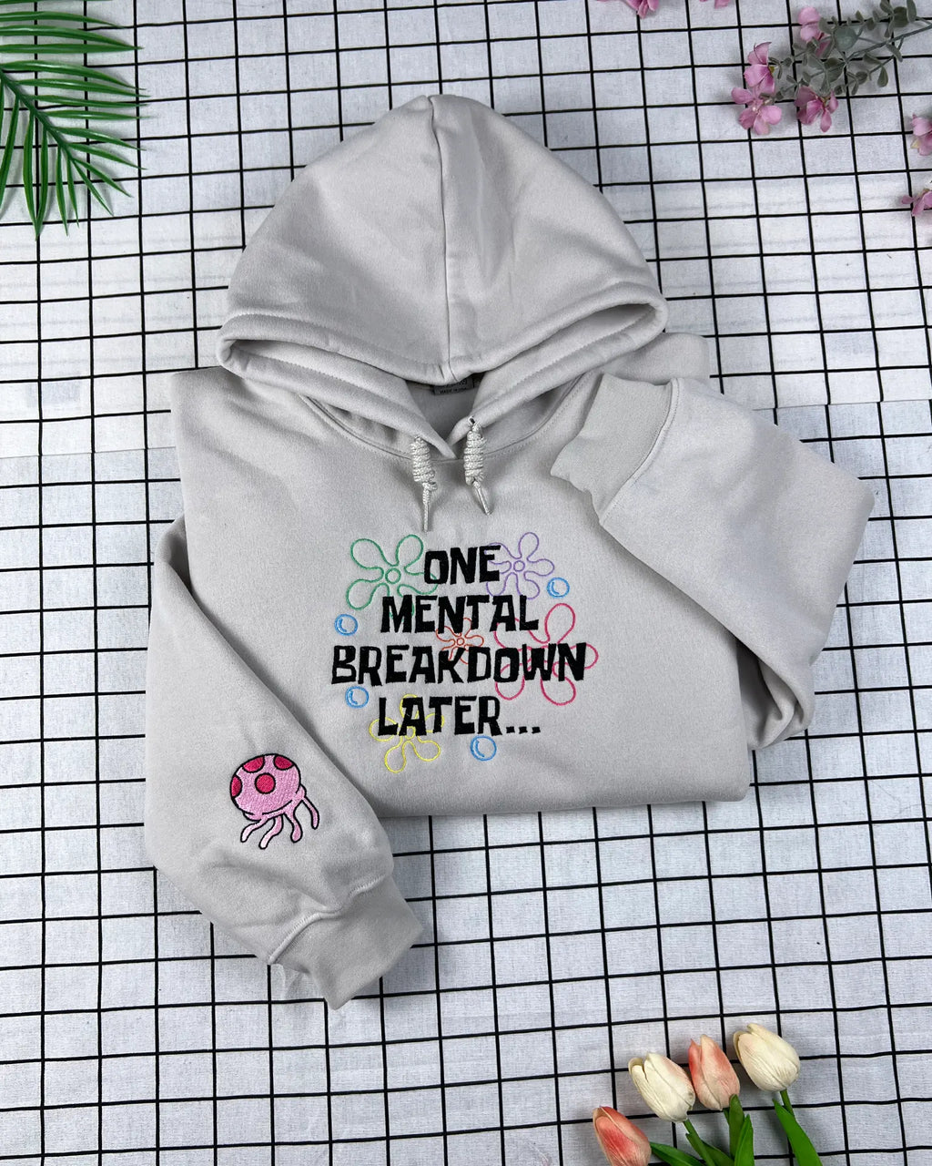 Embroidered hoodie with mental health quote – great for self-care gifts