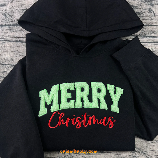 Merry Christmas embroidered hoodie with varsity lettering