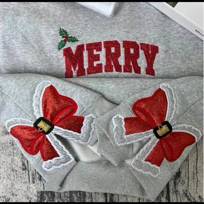Merry Christmas side bow embroidered sweatshirt with glitter applique design