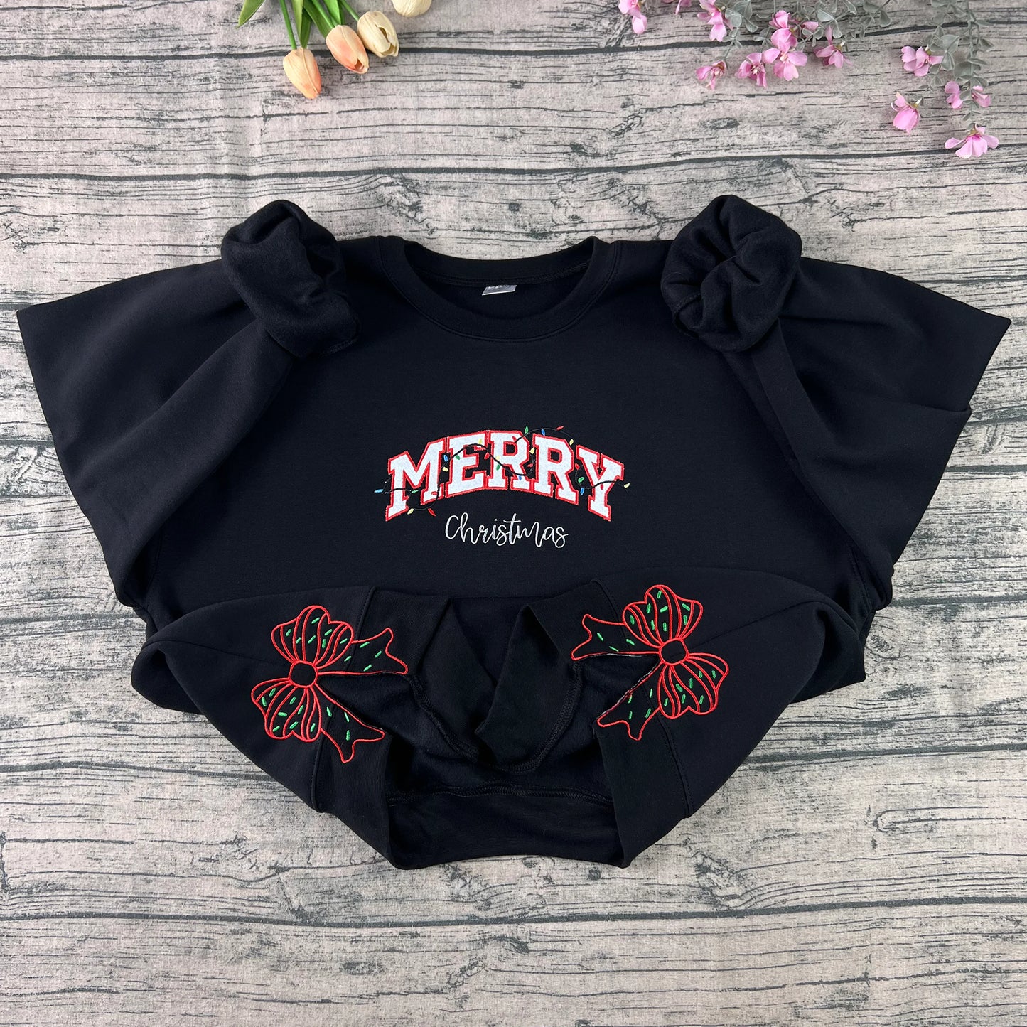 Merry Christmas sweatshirt with bow and lights embroidered design
