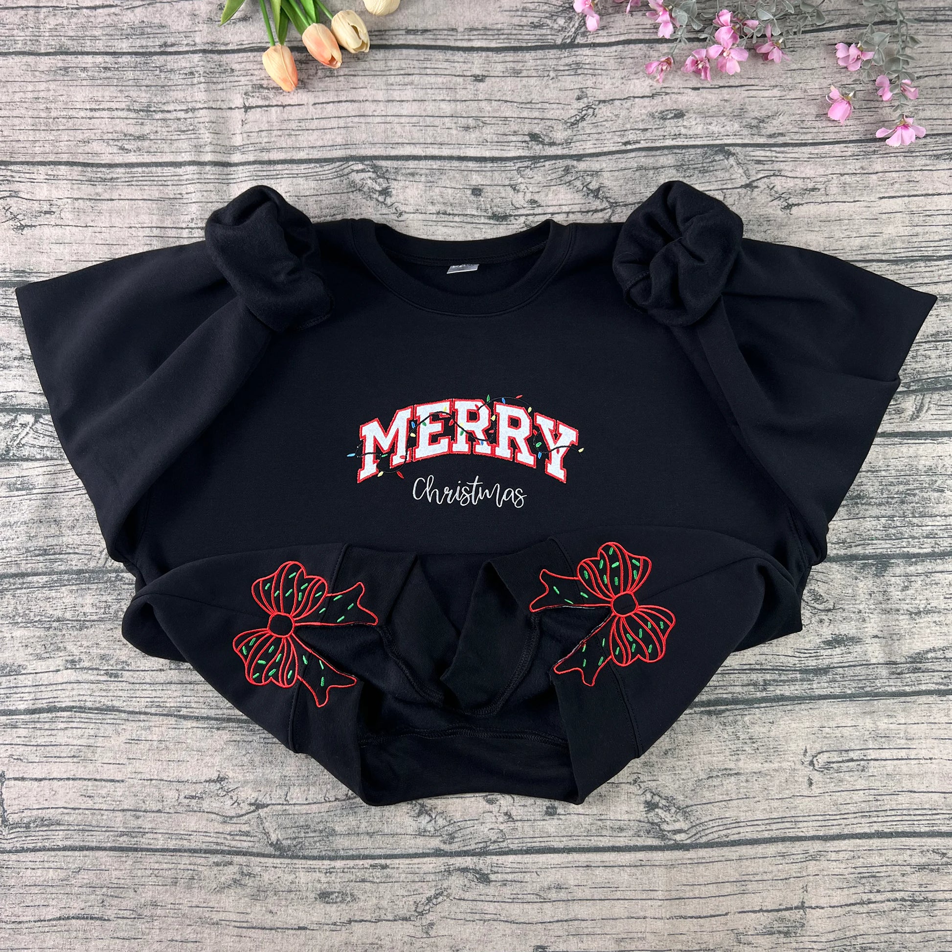 Merry Christmas sweatshirt with bow and lights embroidered design