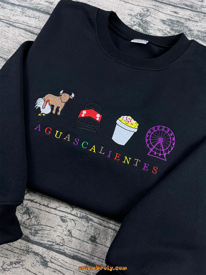 Black crewneck with Aguascalientes cultural embroidery