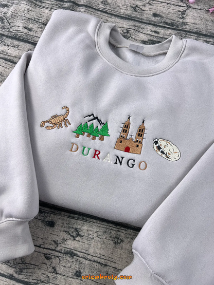 Aesthetic Durango sweatshirt featuring embroidered Mexican symbols