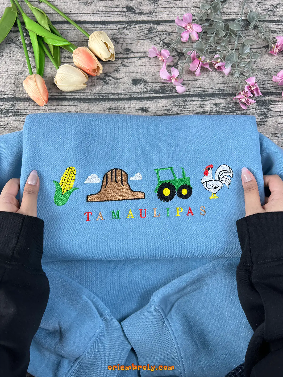 Light blue crewneck with Mexican farm-life embroidery