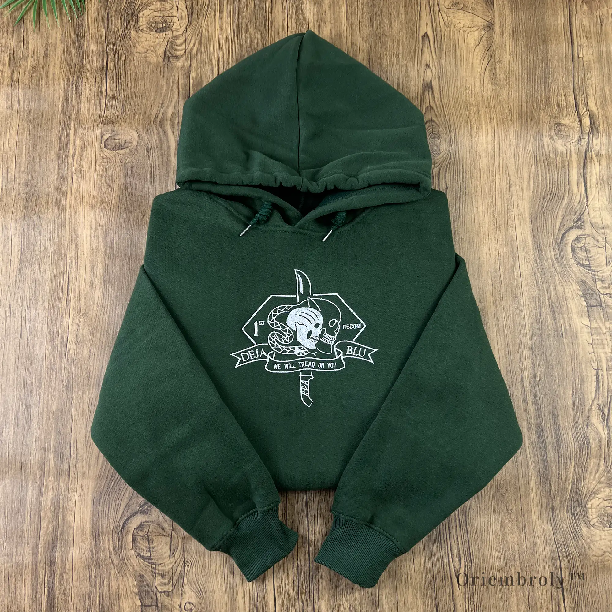Military insignia style skull embroidery on hoodie