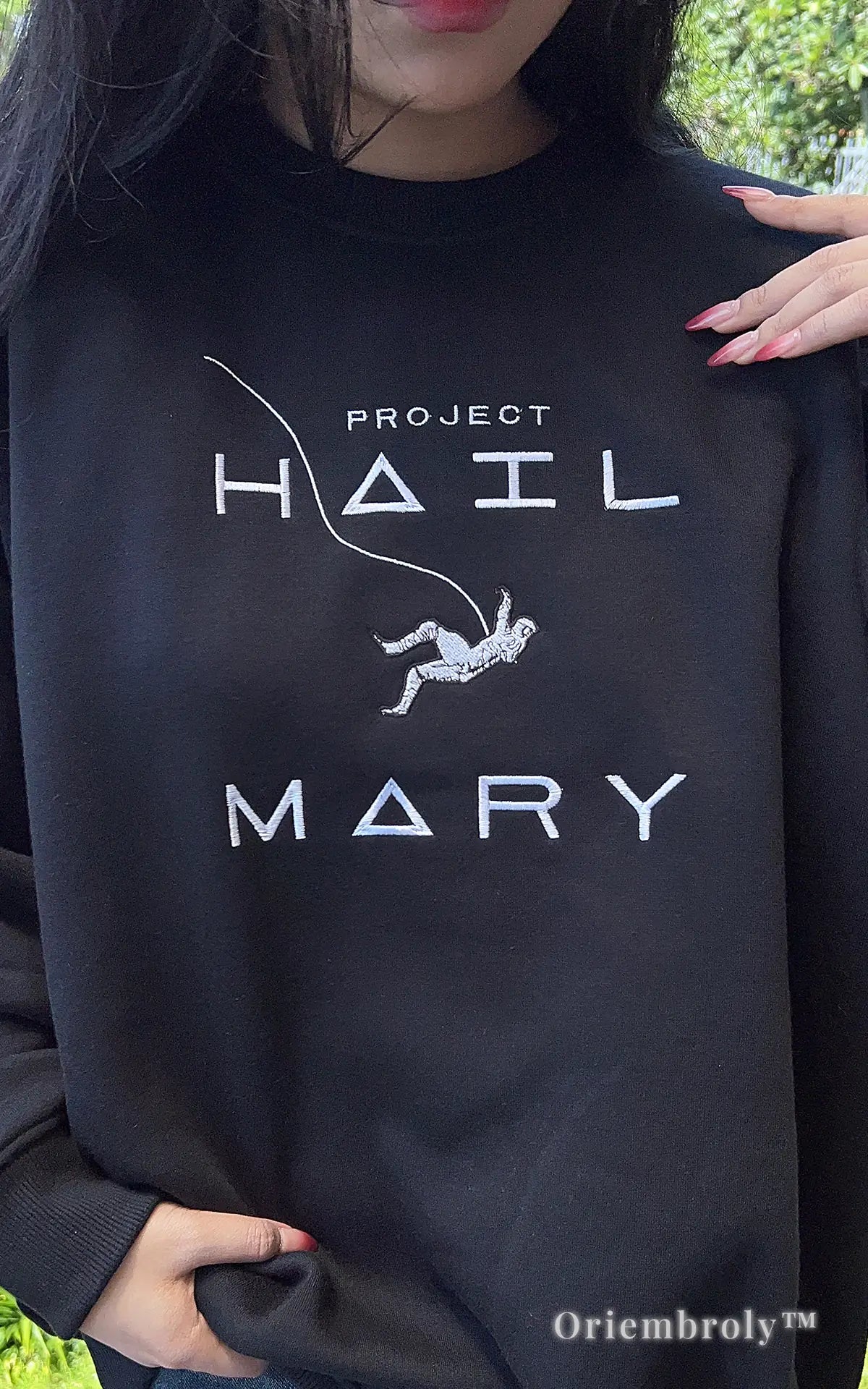 Minimalist Project Hail Mary space mission sweatshirt, premium embroidered gift for astronomy fans.