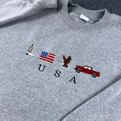 Minimalist USA crewneck sweater in heather grey, featuring patriotic embroidered icons