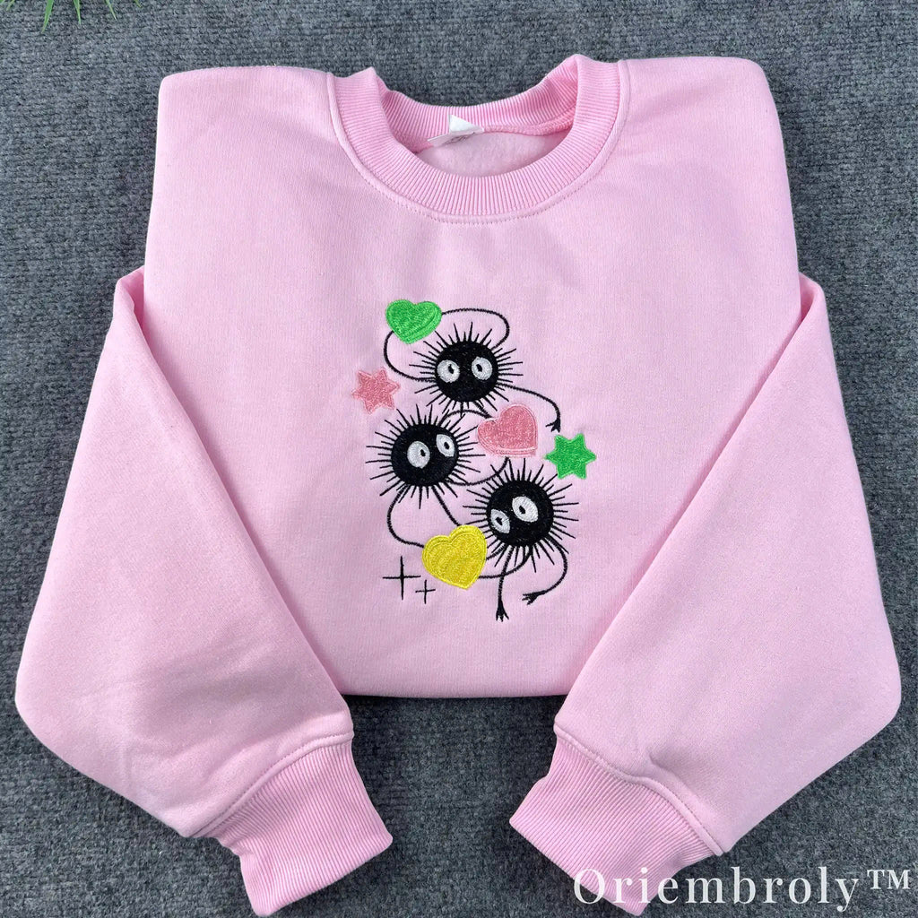 Studio Ghibli Soot Sprite Embroidered Sweatshirt – Cute Anime Crewneck Pink