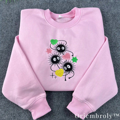 Studio Ghibli Soot Sprite Embroidered Sweatshirt – Cute Anime Crewneck Pink
