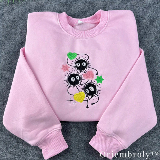 Studio Ghibli Soot Sprite Embroidered Sweatshirt – Cute Anime Crewneck Pink