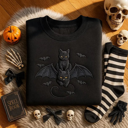 Embroidered Halloween Black Cat Sweatshirt – Gothic Bat Tee, Spooky Season Cat Lover Shirt