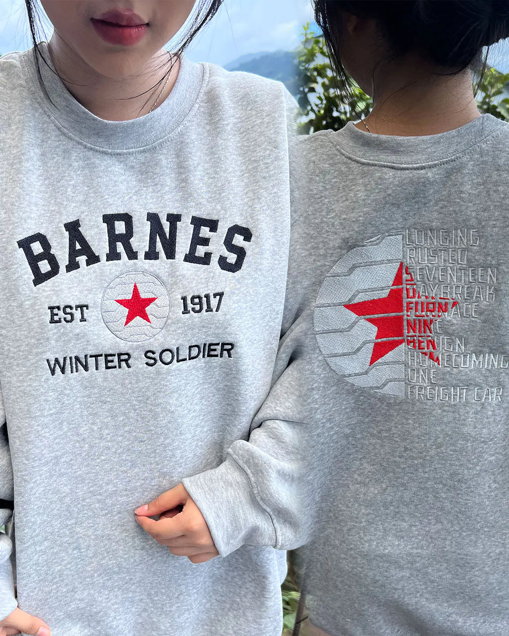 Two gray sweatshirts with 'Barnes' and 'Winter Soldier' text, one with a red star design.