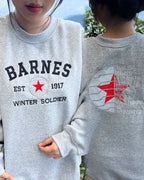 Two gray sweatshirts with 'Barnes' and 'Winter Soldier' text, one with a red star design.