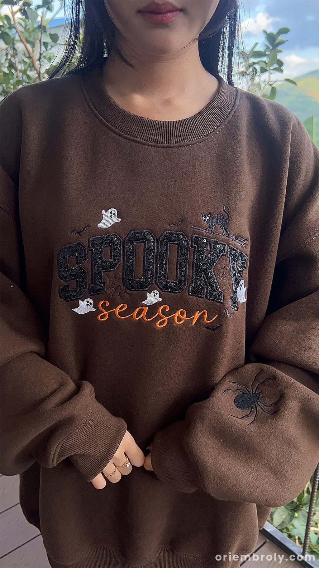 Model wearing cozy dark brown spooky season embroidered sweatshirt for fall and halloween season in US.