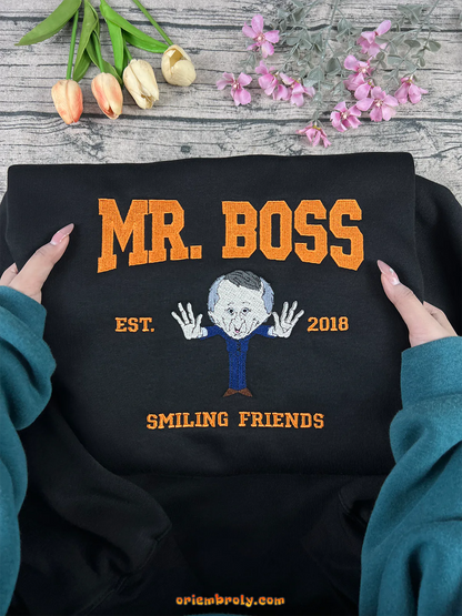 Vibrant orange text MR. BOSS embroidered hoodie