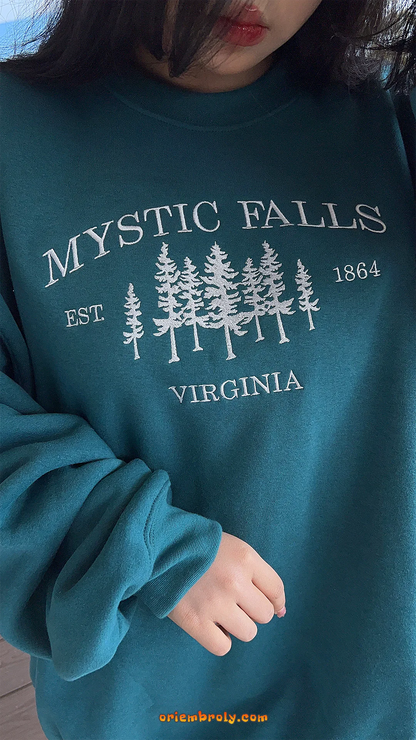 Unisex Mystic Falls vintage embroidered crewneck
