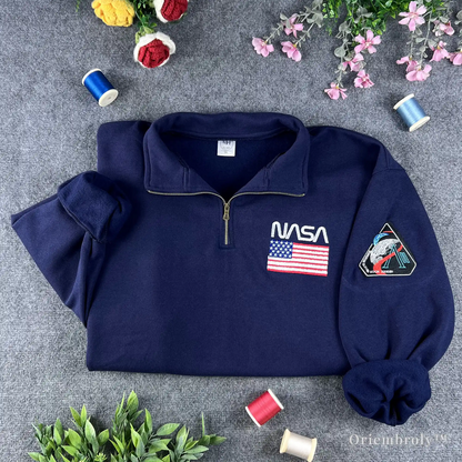 NASA sweatshirt embroidered quarter zip navy pullover