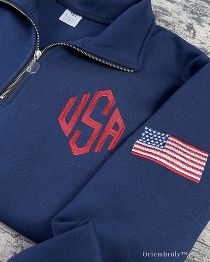 navy embroidered quarter zip sweatshirt flat lay