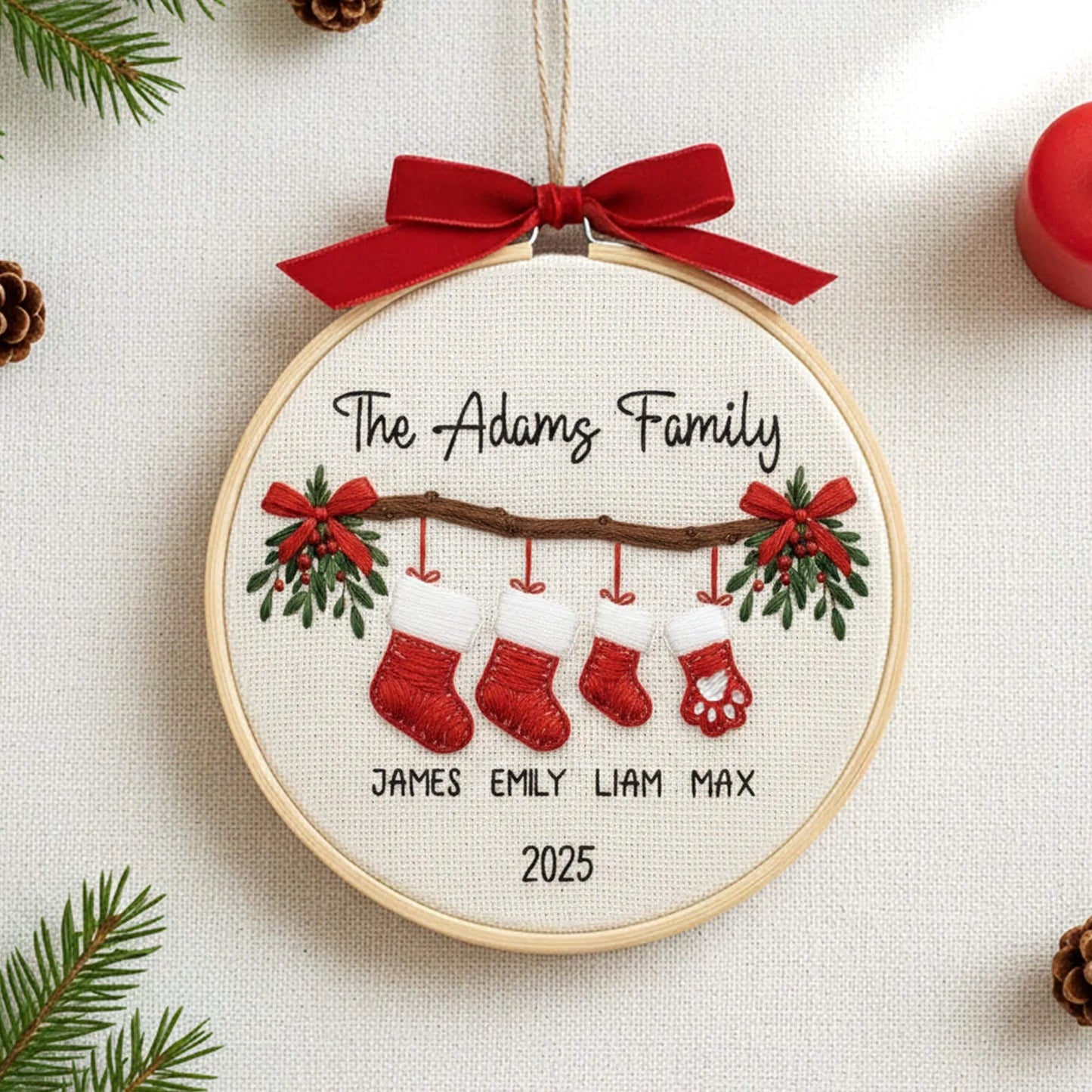 Embroidery hoop ornament with personalized names