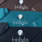 Twilight-themed bedding set with moon and tree design on a brown, blue, and black background.
