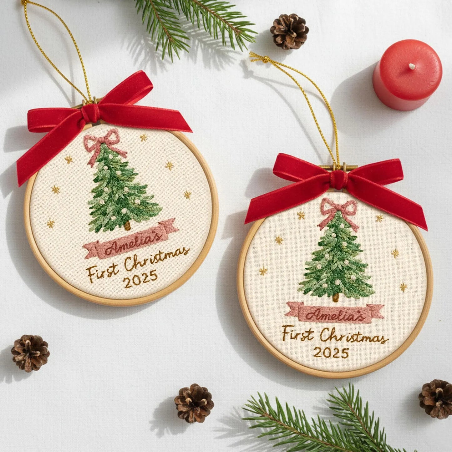 Newborn Christmas ornament with stitched name