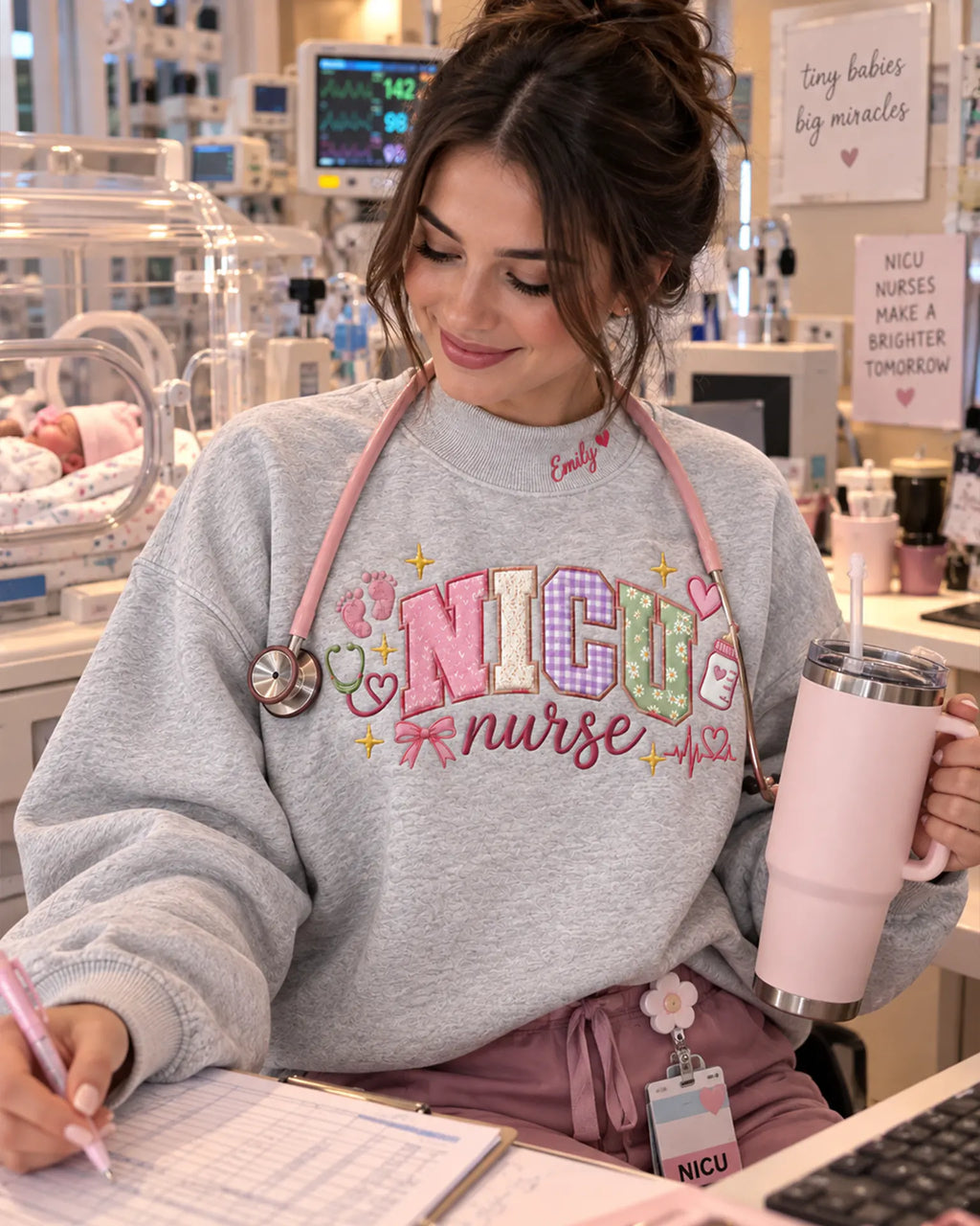 NICU nurse wearing a grey embroidered crewneck sweater with personalized collar name writing reports at hospital workstation