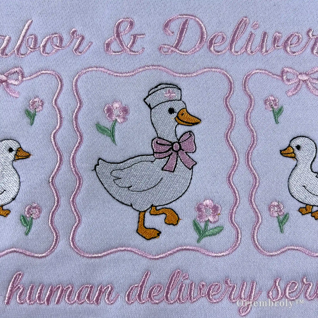 High-quality "Labor & Delivery Service" embroidered top in white with pink accents