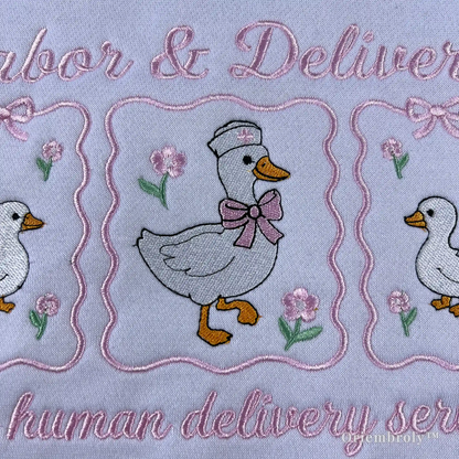 High-quality "Labor & Delivery Service" embroidered top in white with pink accents