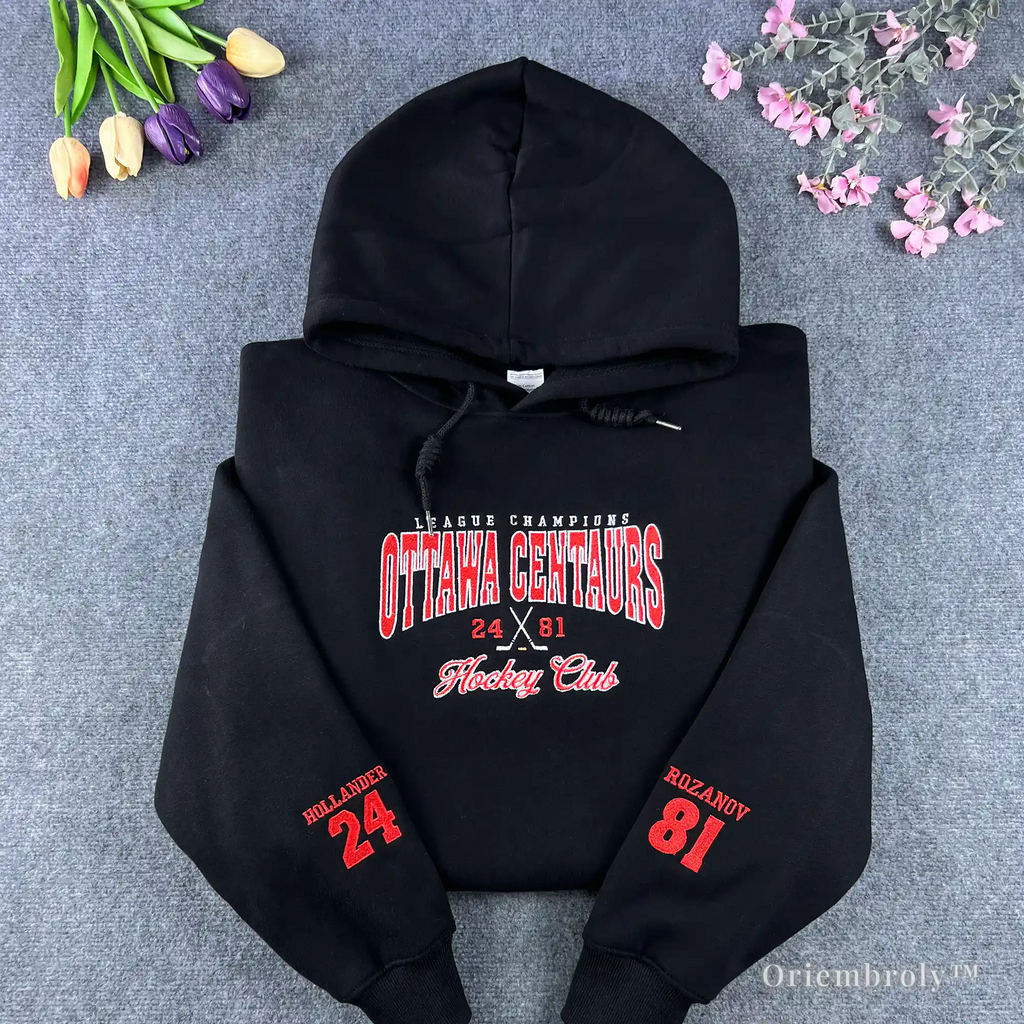 Black Ottawa Centaurs Hockey Club embroidered hoodie with varsity style red lettering