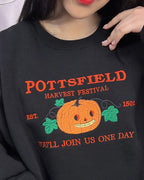 Embroidered Pottsfield Harvest Festival pumpkin carver sweatshirt with gothic skeleton pumpkin design for Halloween