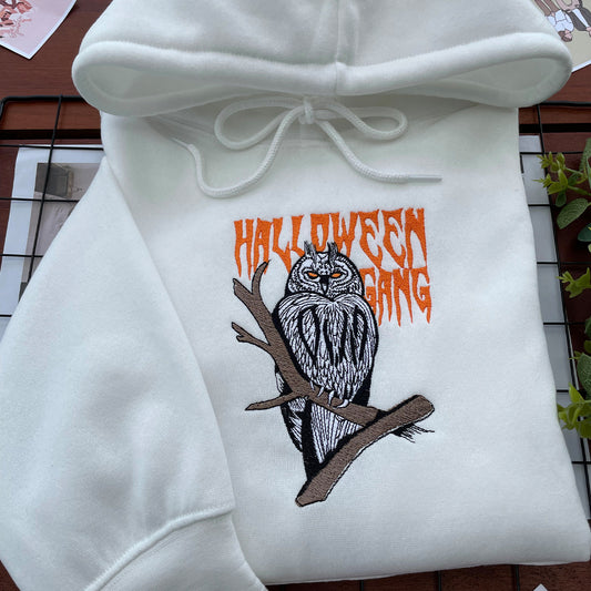 Halloween Embroidery Hoodie - Spooky Owl Gang, Perfect for Halloween