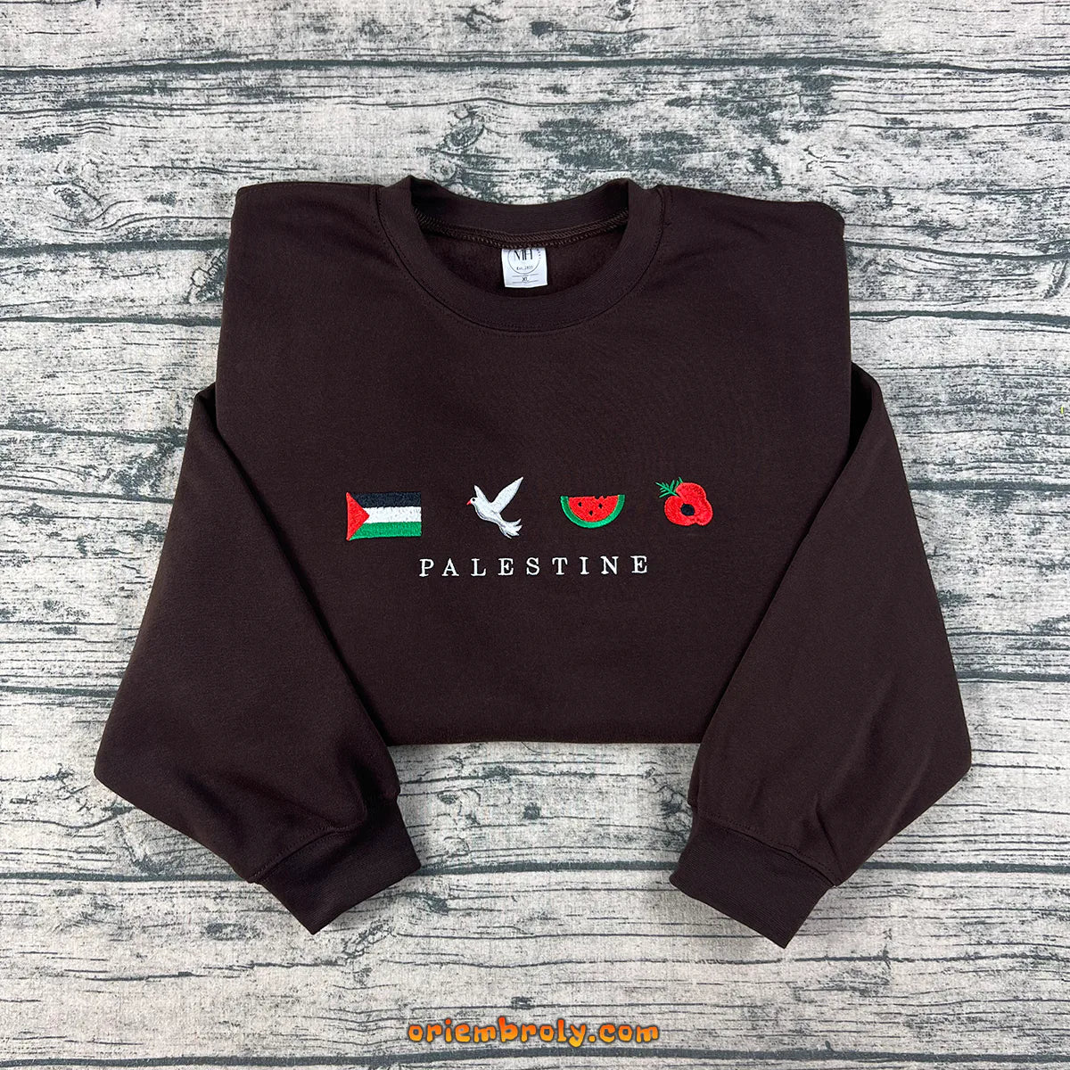 Embroidered Palestine sweatshirt with watermelon and dove symbols