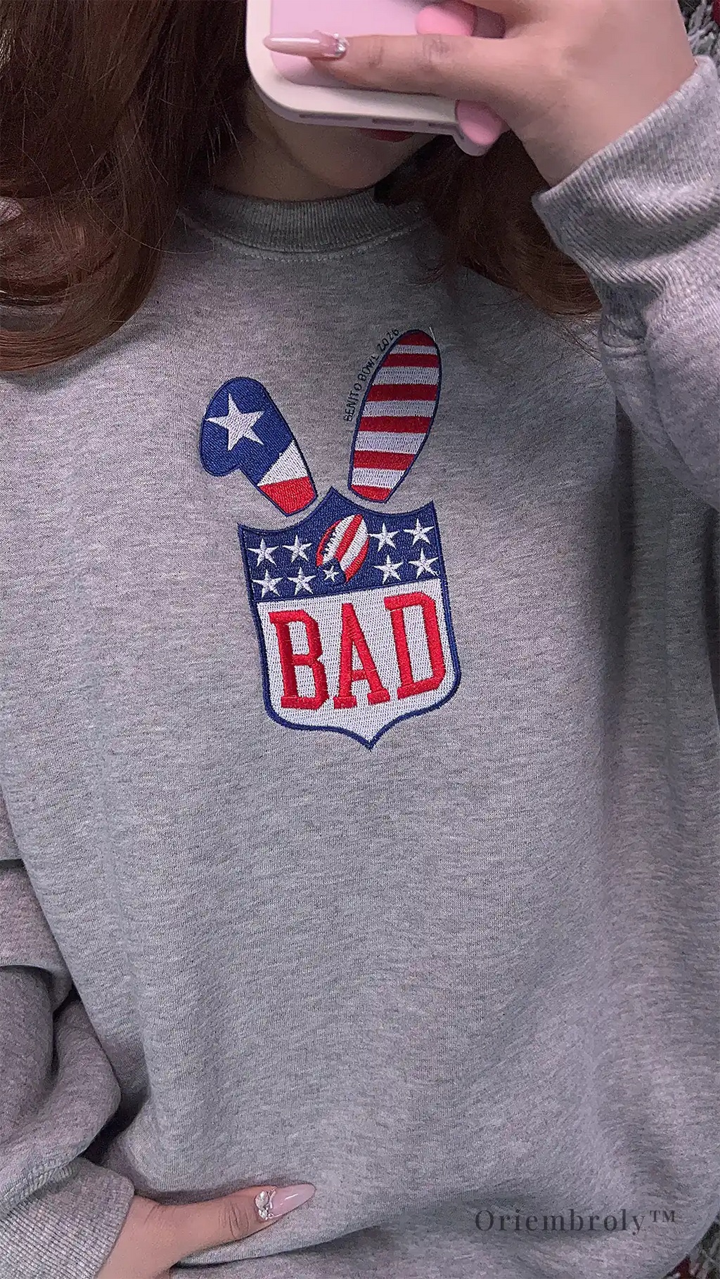 Oriembroly embroidered BAD logo crewneck sweatshirt model