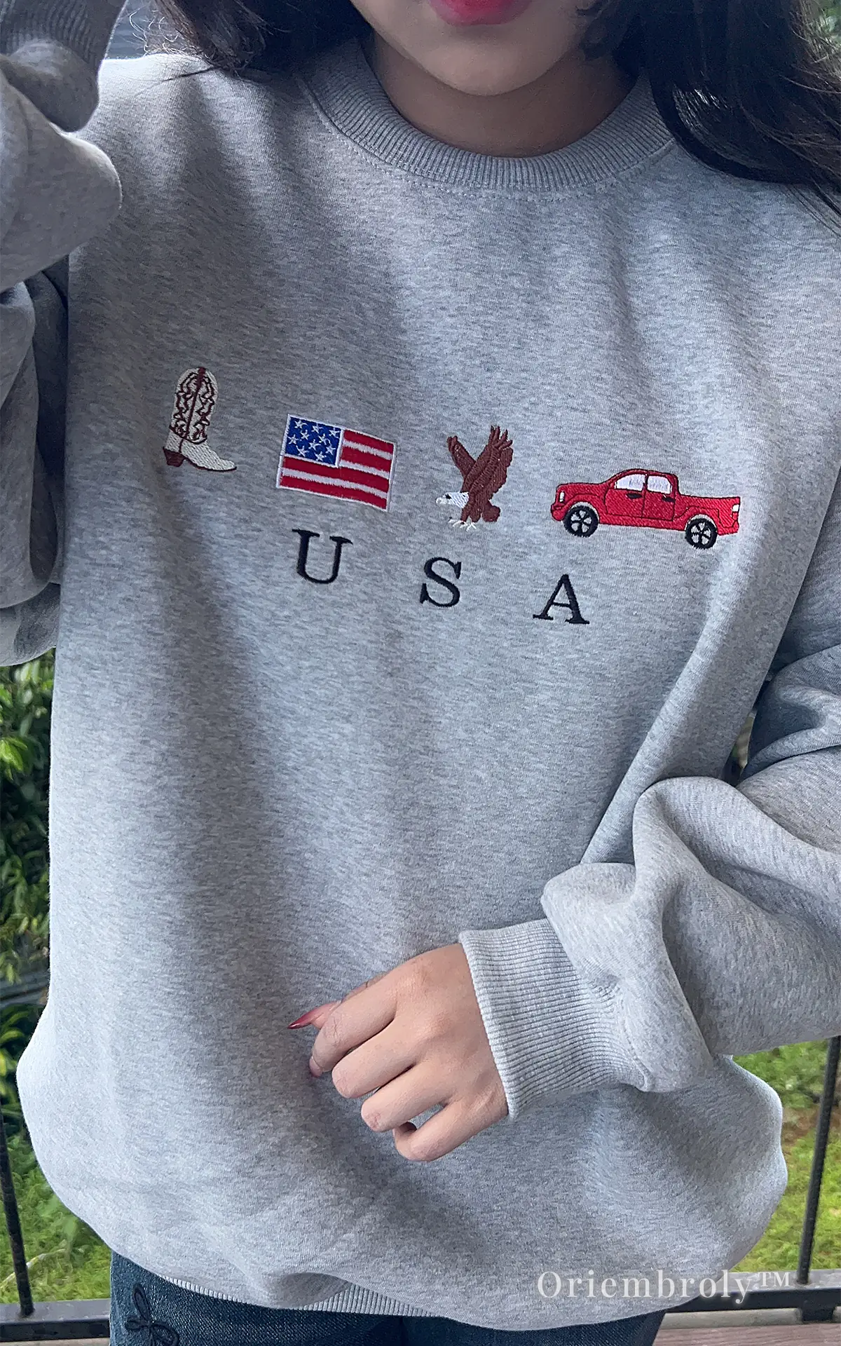 Patriotic USA embroidered unisex crewneck, comfortable cotton fleece in heather grey