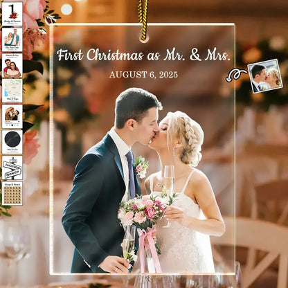 Personalized acrylic Christmas ornament for newlyweds, "First Christmas as Mr. & Mrs." with a custom photo of Jackson and Monica, dated August 6, 2025. This keepsake gift is a great way to celebrate a 2025 wedding or anniversary.