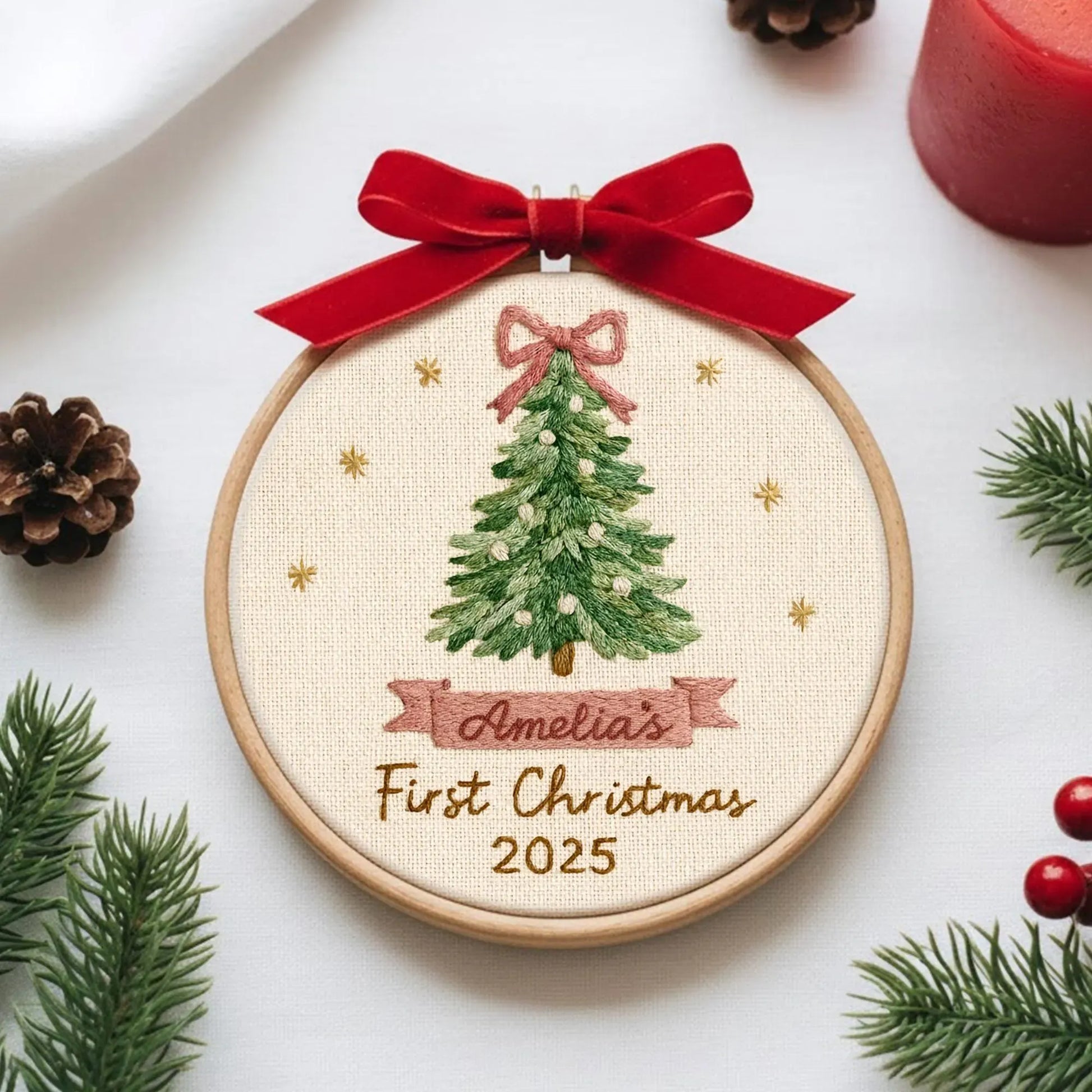 Personalized baby’s first Christmas embroidery hoop ornament
