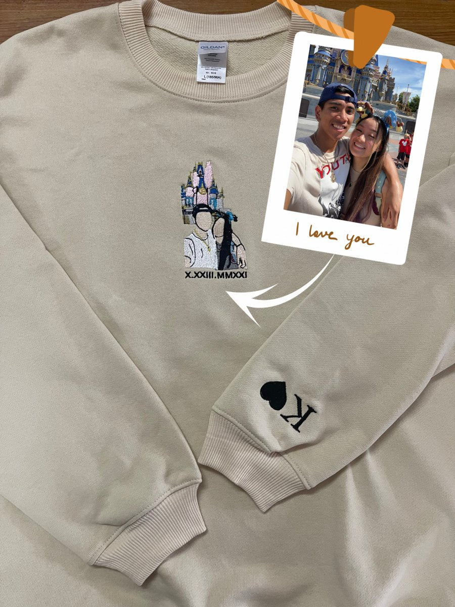 Romantic embroidered sweatshirt with a custom couple’s portrait.