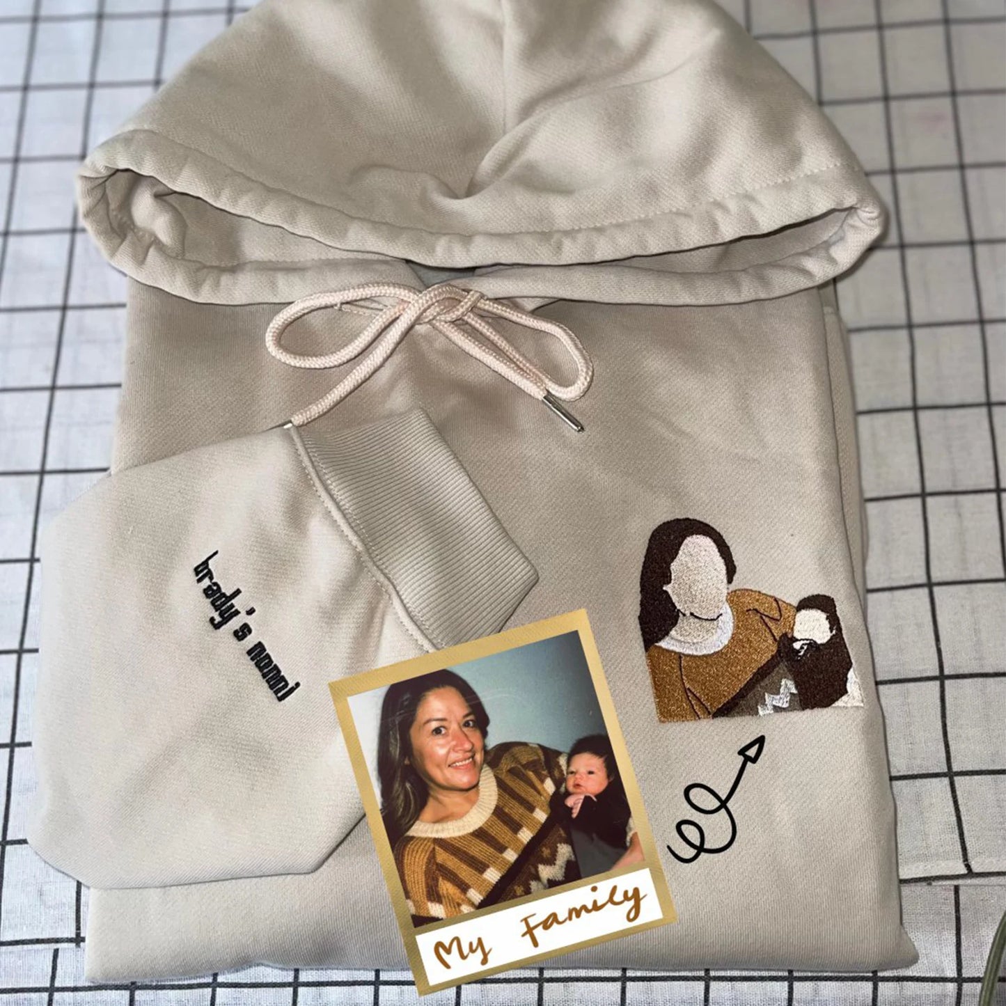 Custom embroidered sweatshirt with a personalized photo design.