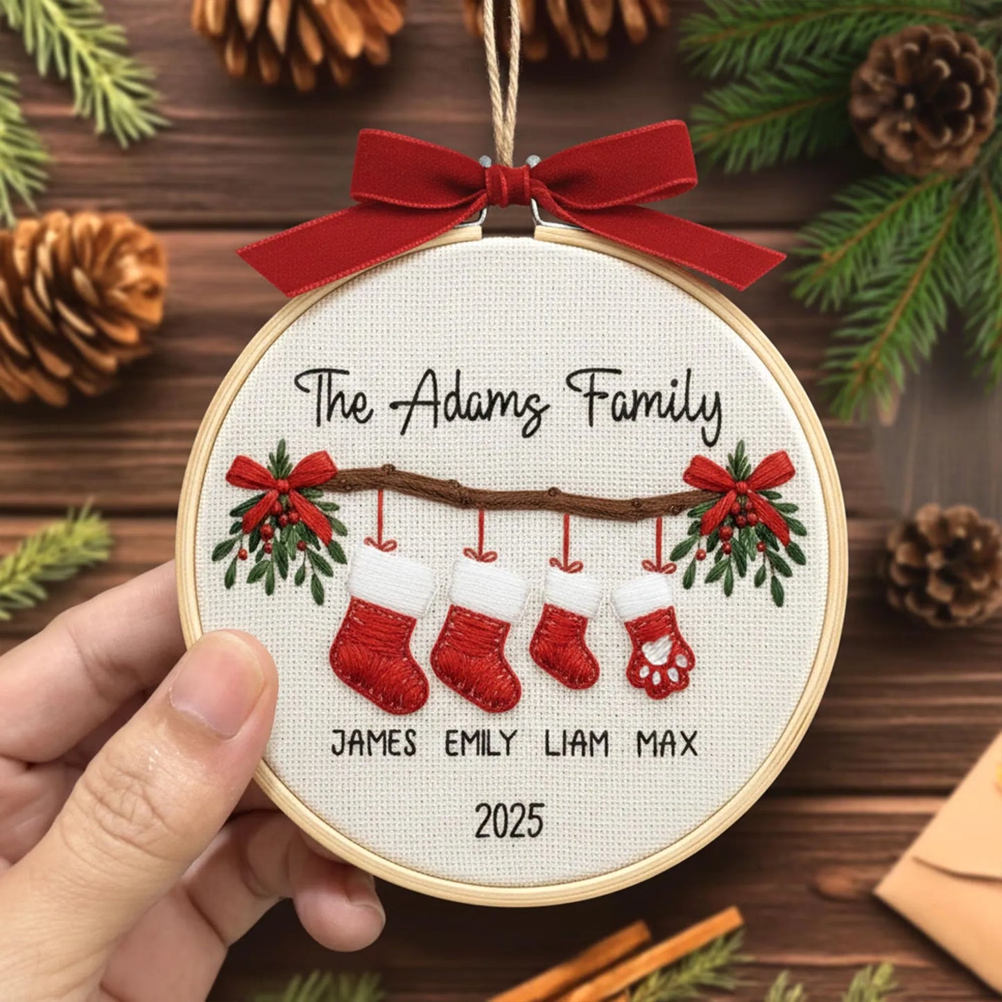 Personalized family Christmas ornament custom embroidery hoop