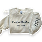 Personalized Mama Sweatshirt with Kid Names embroidered on sleeve – perfect gift for moms.