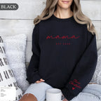 Personalized Mama Sweatshirt with Kid Names embroidered on sleeve – perfect gift for moms.