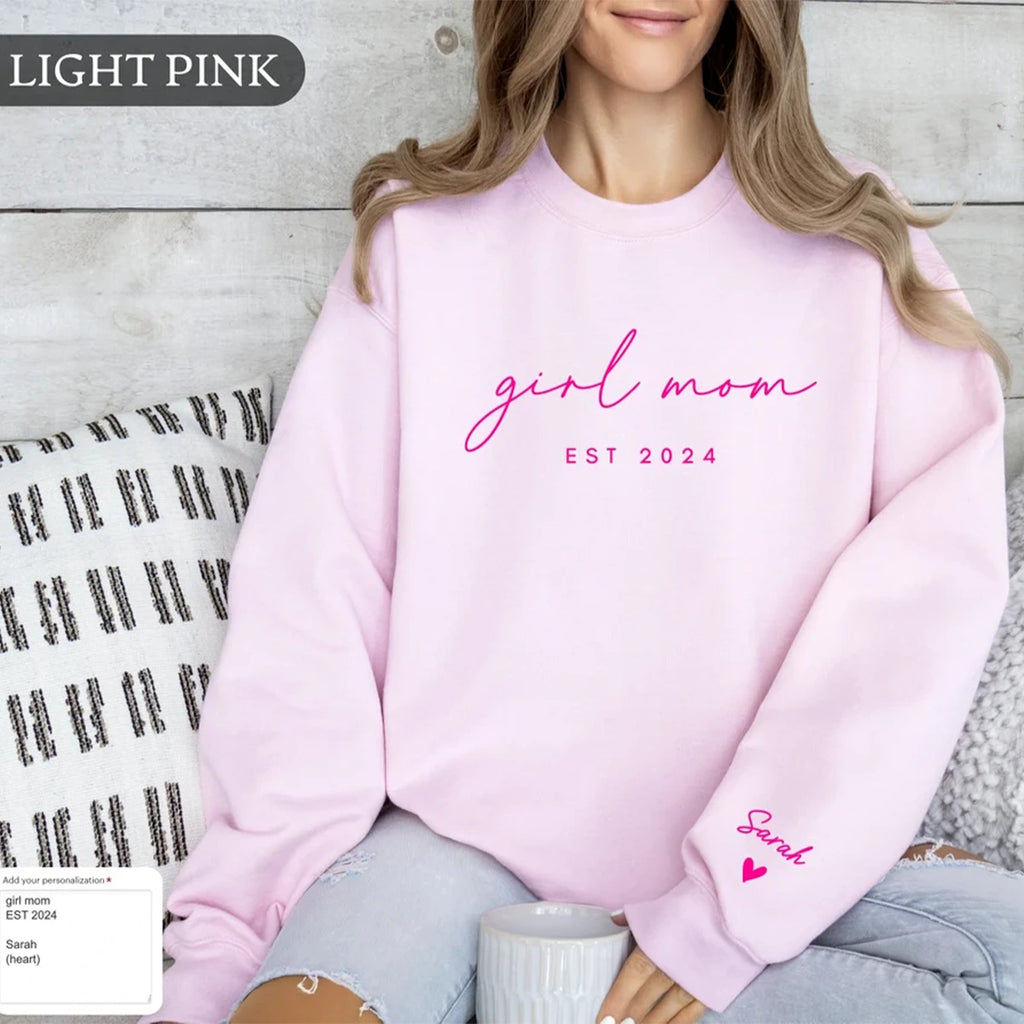 Personalized Mama Sweatshirt with Kid Names embroidered on sleeve – perfect gift for moms.