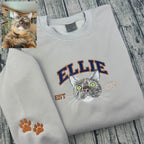 Custom embroidered sweatshirt featuring multiple pet portraits.