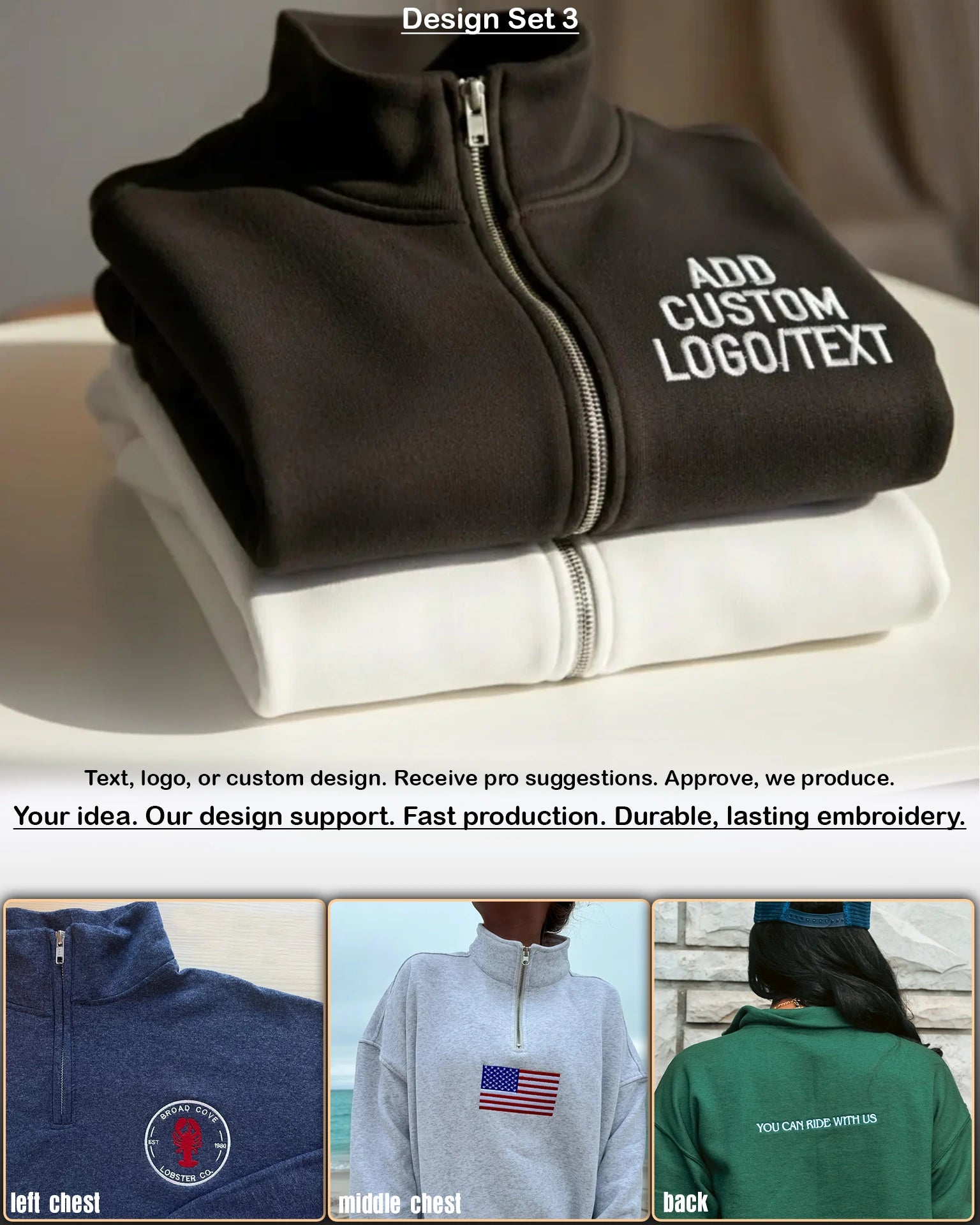 Close-up of custom embroidery on quarter zip sweatshirt